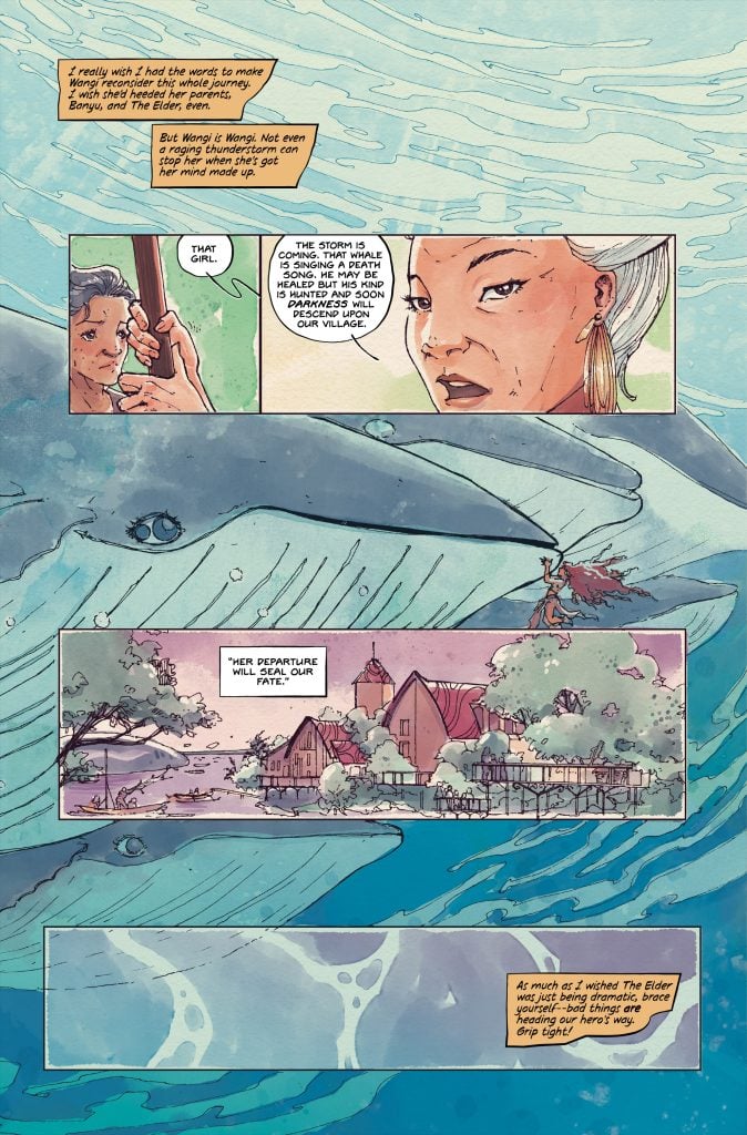 A comic book page shows a woman with white hair speaking, a large whale underwater, a rural village, and a woman riding the whale, with narrative text boxes throughout.