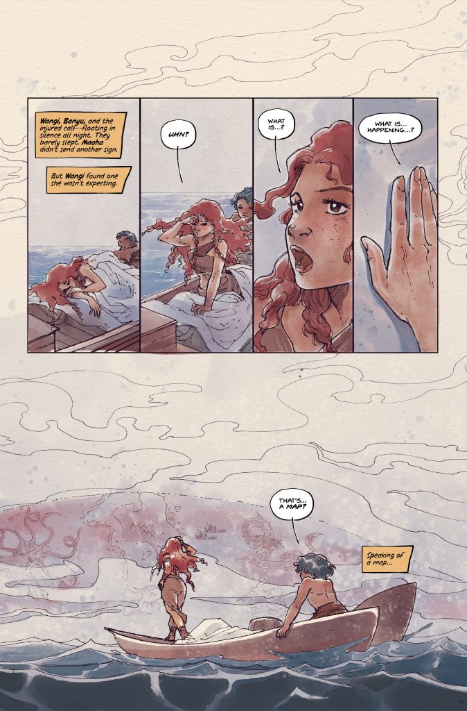 A woman with red hair wakes up confused on a boat, asks questions, and sees another woman in a different boat nearby. The scene is misty and set on the water.
