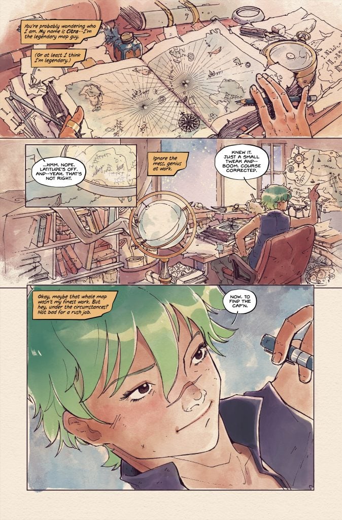 A person with green hair studies maps and navigational tools at a cluttered desk, then holds a small object, preparing to attach it to a model ship.