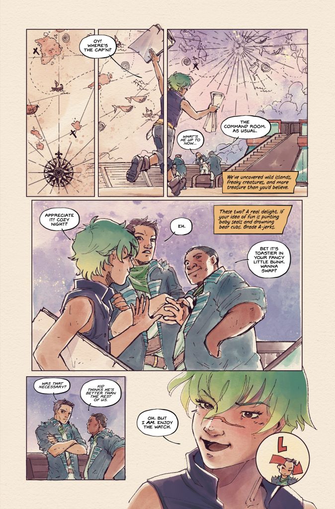 A green-haired person shows a map to two others on a ship; they discuss coordinates and teamwork as they plan their next move.