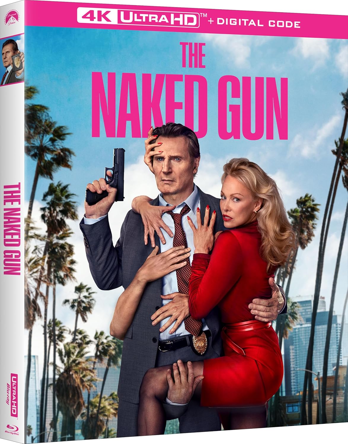 A man in a suit holding a gun is surrounded by multiple arms and a woman in a red dress; palm trees and a city skyline are in the background. The title reads "The Naked Gun.
