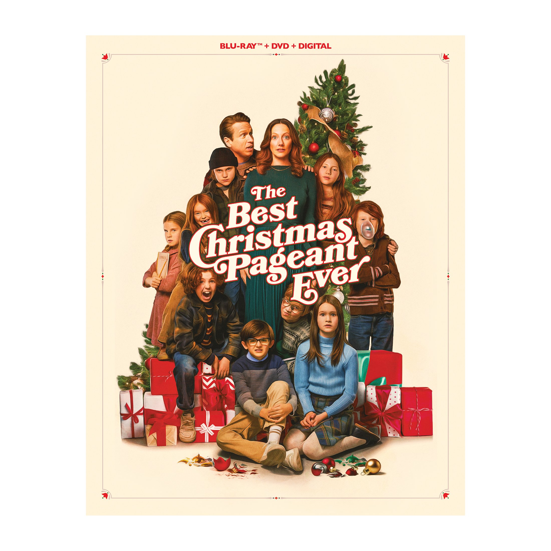 A group of children and adults pose around a decorated Christmas tree with gifts, featuring the title "The Best Christmas Pageant Ever" in large white letters.