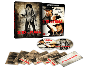A 4K Ultra HD box set of "3:10 to Yuma" featuring the movie case, two discs, collector cards, and a branded envelope, all arranged for display.