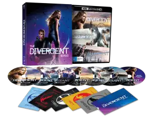 A 4K Ultra HD box set of The Divergent Series with three movie cases, six discs, and five faction-themed bookmarks displayed in front.