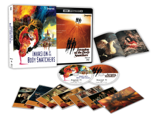 A 4K Ultra HD "Invasion of the Body Snatchers" box set with case, two discs, booklet, and multiple collectible art cards displayed on a white background.