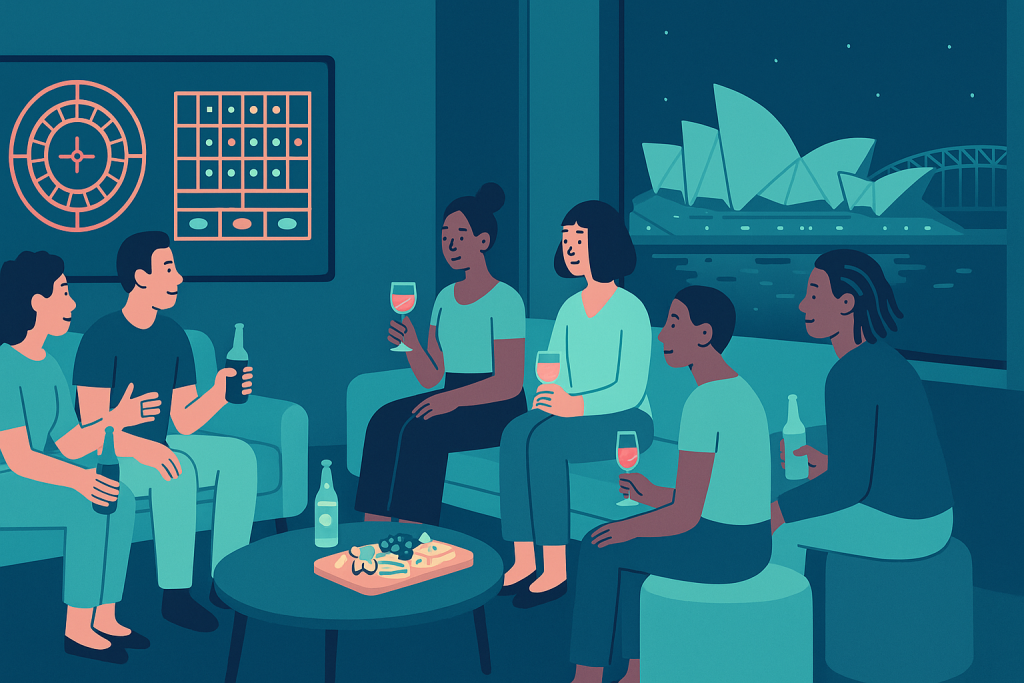 Six people sit in a lounge drinking and talking, with snacks on a table and a view of the Sydney Opera House and Harbour Bridge visible through the window.