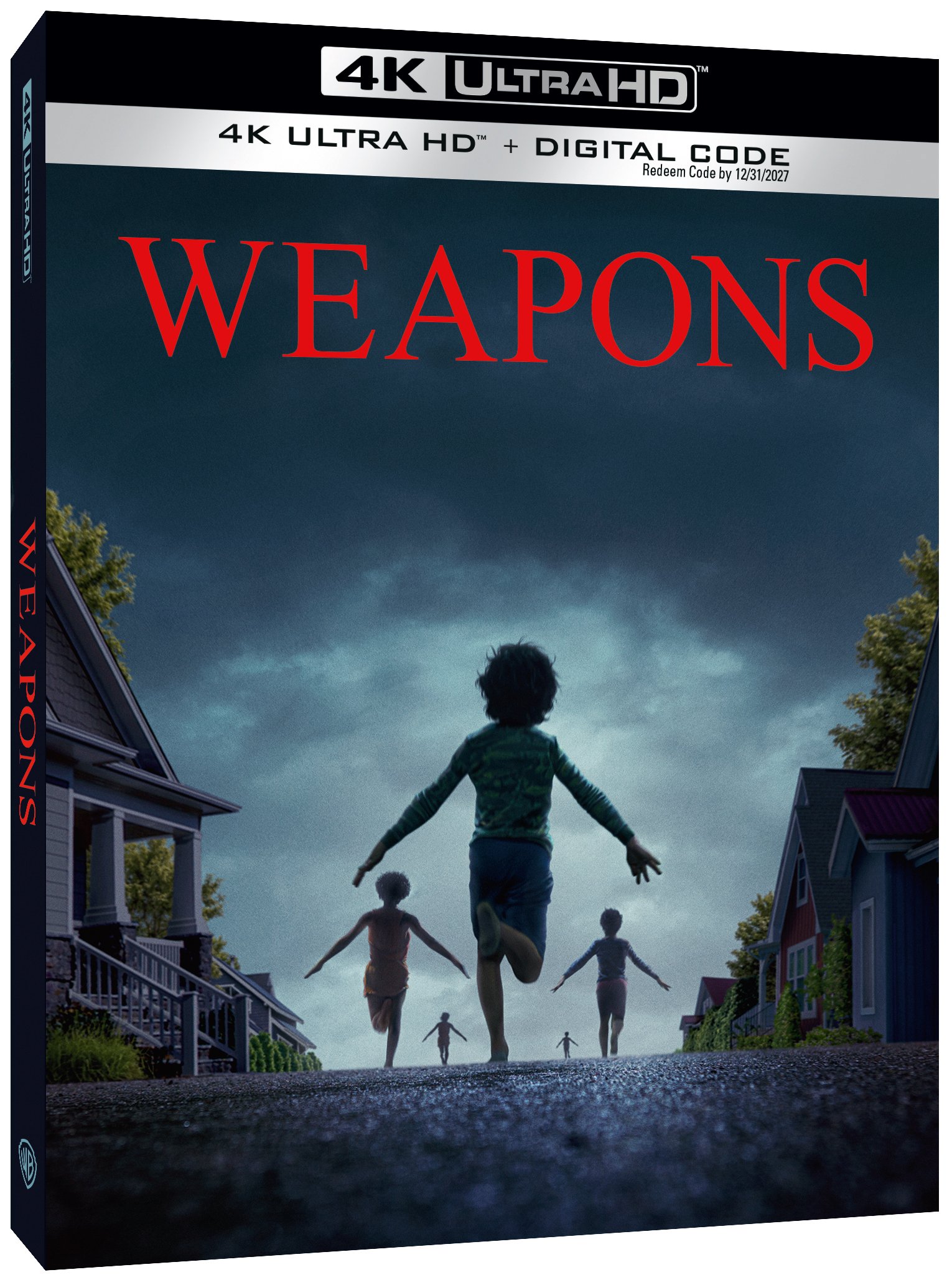 4K Ultra HD box cover for the movie "Weapons" showing children running down a suburban street at dusk, with the film title in large red letters above them.