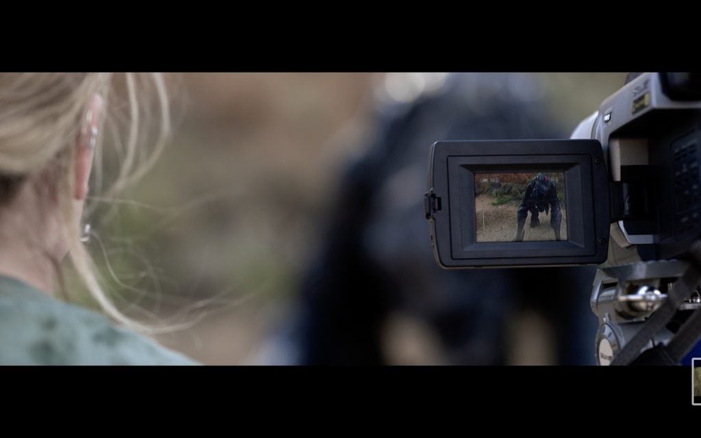 A person films a black animal, possibly a dog or wolf, which appears on the camcorder screen they are holding.