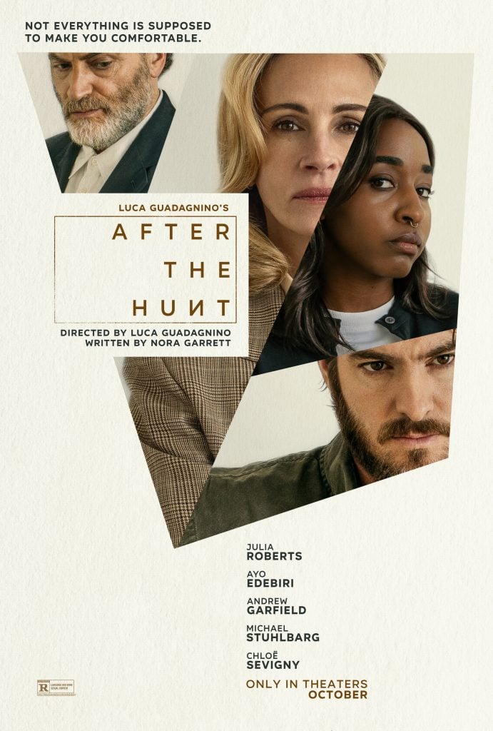 Four people in serious expressions are arranged in a collage; text shows the movie title "After the Hunt" with cast and release information.