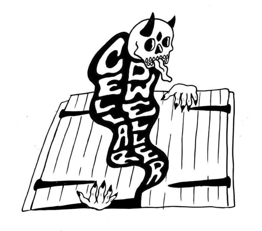 Black and white drawing of a horned skull creature emerging from cellar doors, with the words "Cellar Dweller" forming its body.