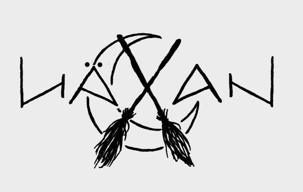The word "Läxan" written in stylized black text with two crossed brooms and a crescent moon in the background.