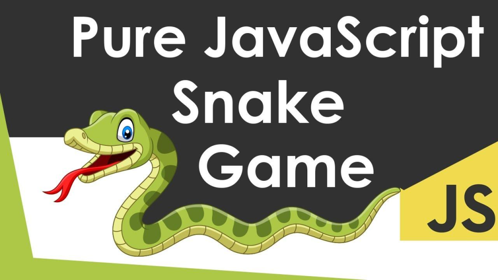 Illustration of a green snake with text reading "Pure JavaScript Snake Game" and a yellow section labeled "JS" in the bottom right corner.
