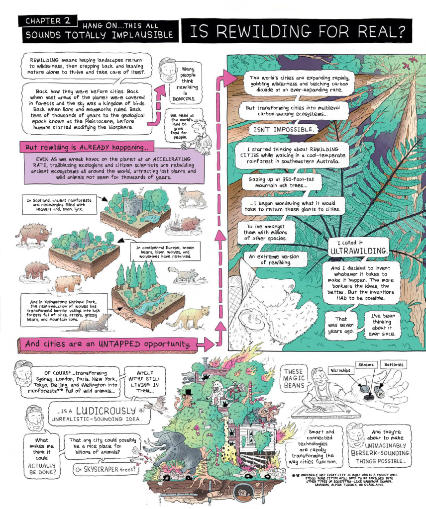 Illustrated infographic explains the concept and feasibility of rewilding, detailing its current implementation, challenges, and potential in cities with text, diagrams, and animal sketches.