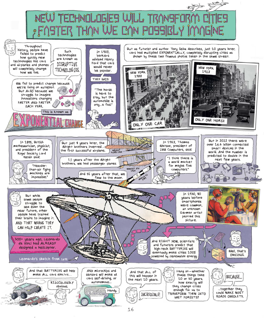 A comic-style page explains how disruptive technologies rapidly transform cities, showing historic photos, inventions, and futuristic concepts with text and illustrations.
