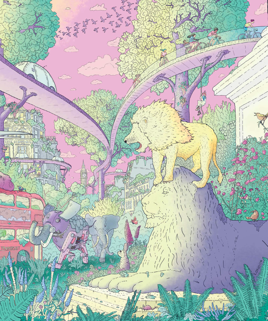 A lion stands on a large stone lion statue in a whimsical city park with people, elephants, birds, and pastel-colored architecture in the background.