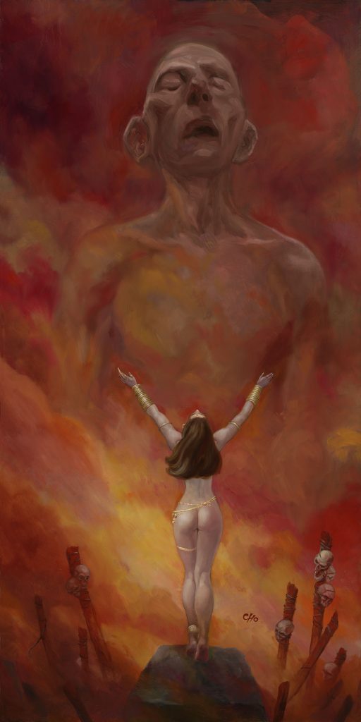 A woman stands on a rock with arms raised toward a giant ethereal figure emerging from swirling red and orange clouds, surrounded by skull-topped stakes.