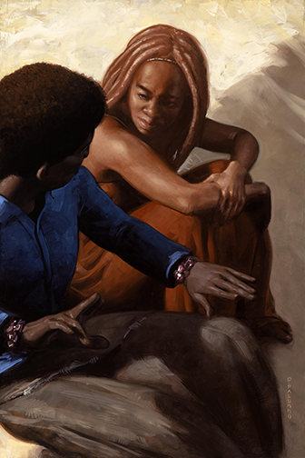 Two women sit on the ground facing each other, one with braided hair and an orange dress, the other in a blue shirt, engaged in a serious conversation.