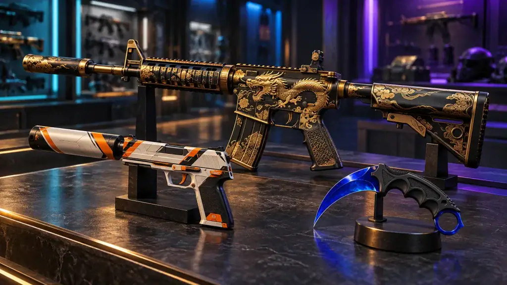 CS2-inspired black-and-gold rifle, white-and-orange silenced pistol, and sapphire-blue karambit displayed under teal and violet lighting.