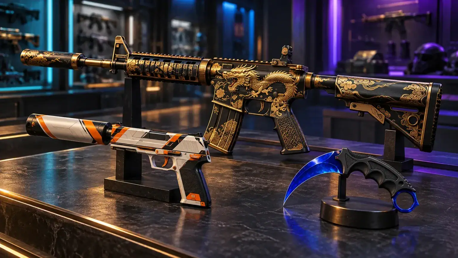 CS2-inspired black-and-gold rifle, white-and-orange silenced pistol, and sapphire-blue karambit displayed under teal and violet lighting.