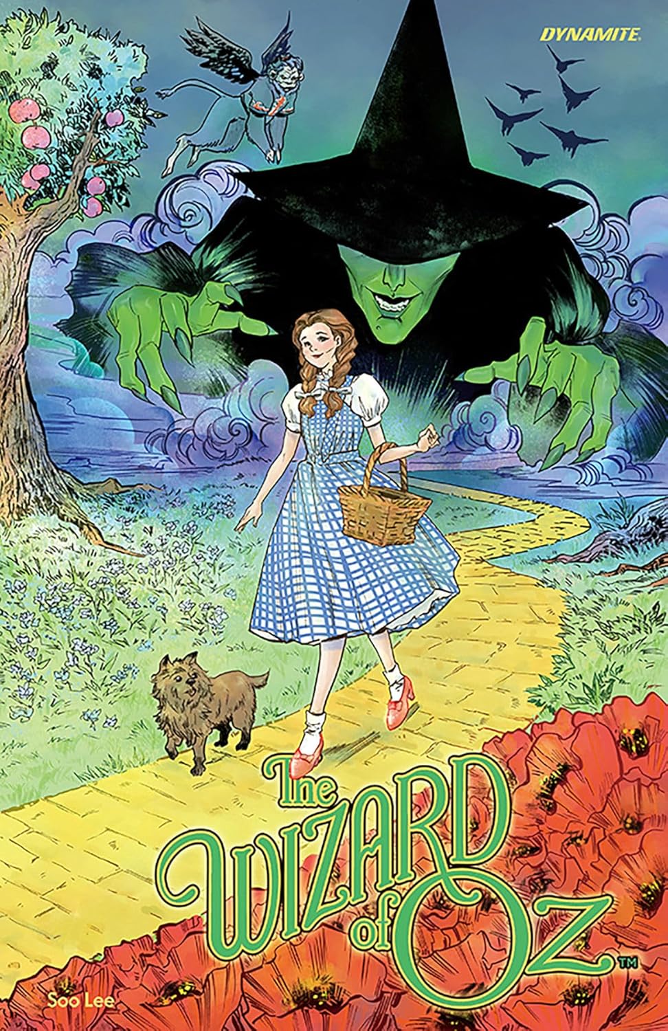 Illustrated cover of "The Wizard of Oz" showing Dorothy with Toto on a yellow brick road, a field of poppies, and a large green witch with flying monkeys in the background.