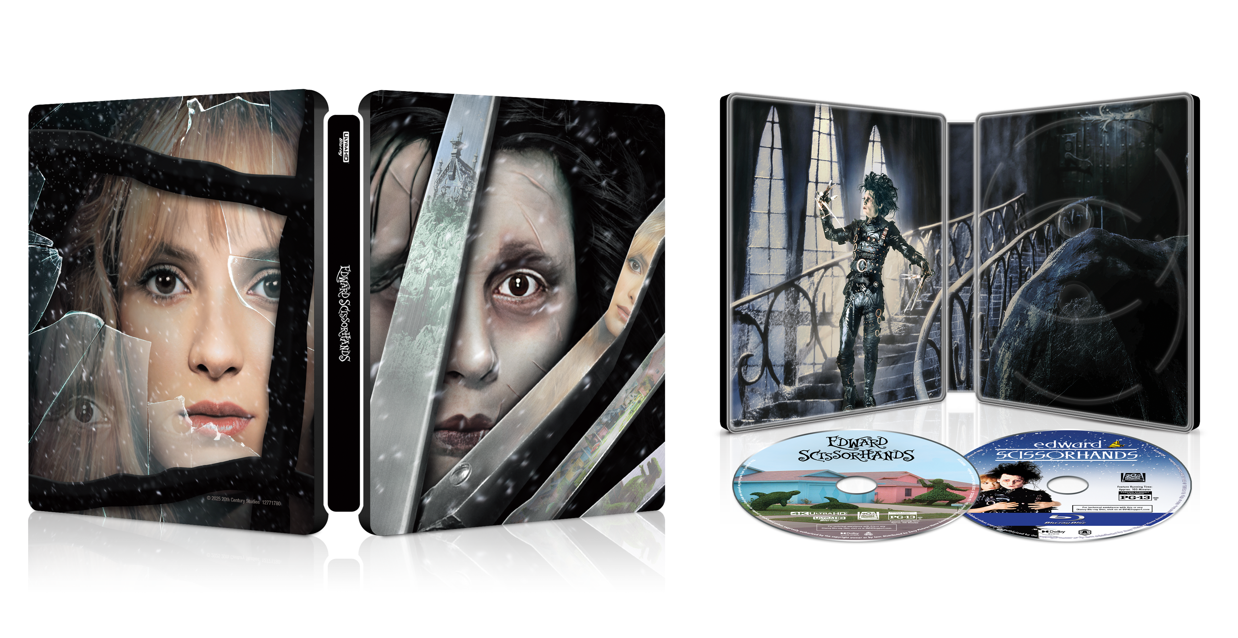 A steelbook case featuring split images of two faces, the interior showcases a staircase scene, and two discs labeled "Edward Scissorhands" are displayed in front.
