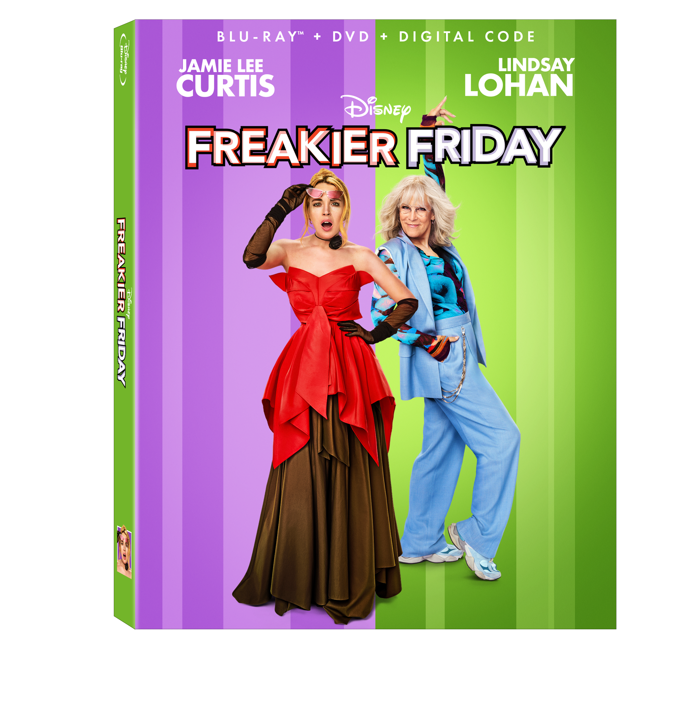 Blu-ray/DVD cover of Disney's "Freaky Friday" featuring Jamie Lee Curtis and Lindsay Lohan posing against a green and purple striped background.
