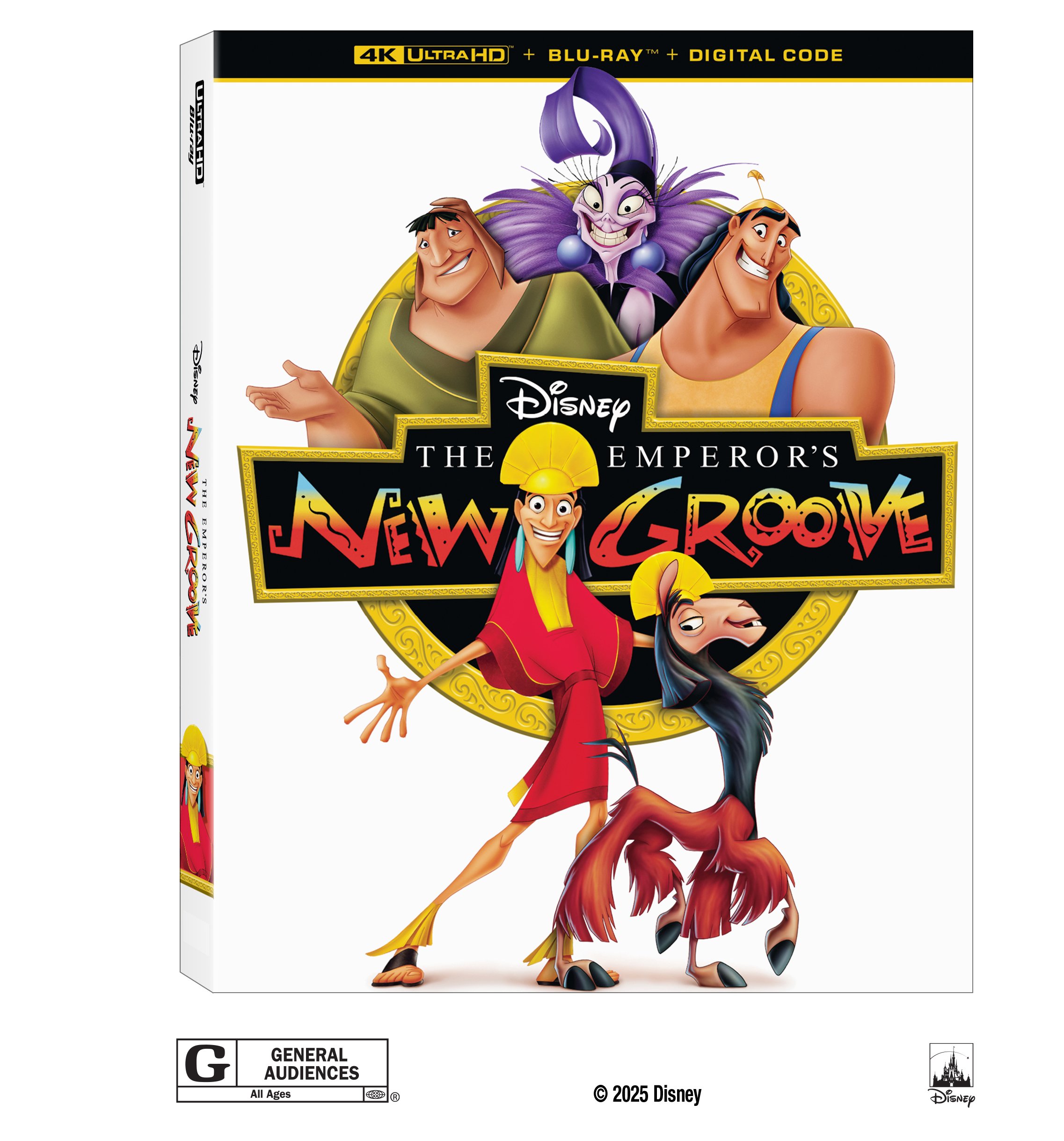 The cover of the Blu-ray for Disney’s “The Emperor’s New Groove” featuring main characters Kuzco, Pacha, Yzma, and Kronk with the movie logo in the center.