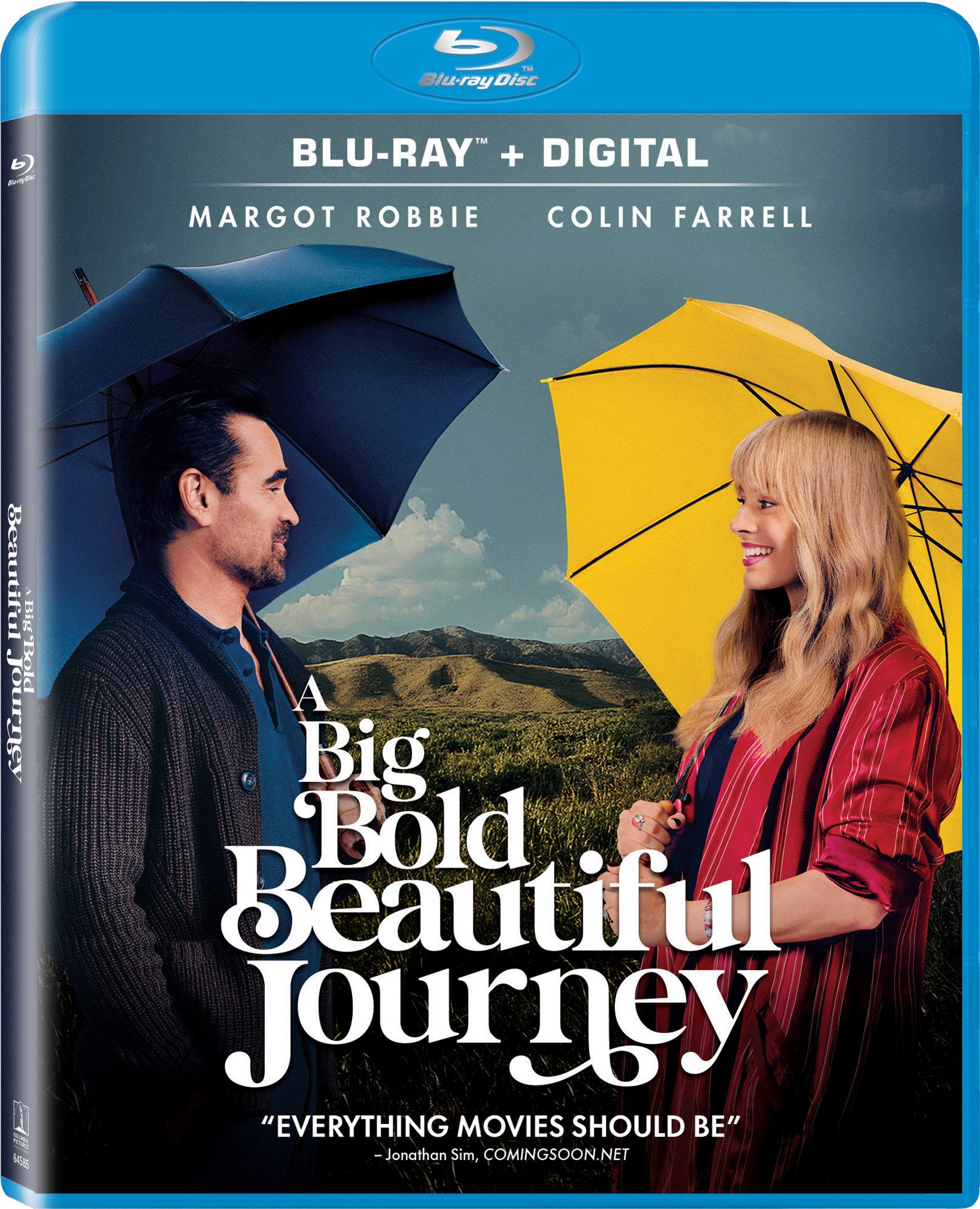 Blu-ray cover for "A Big Bold Beautiful Journey" featuring two people standing outdoors, each holding a colored umbrella, with mountains in the background.