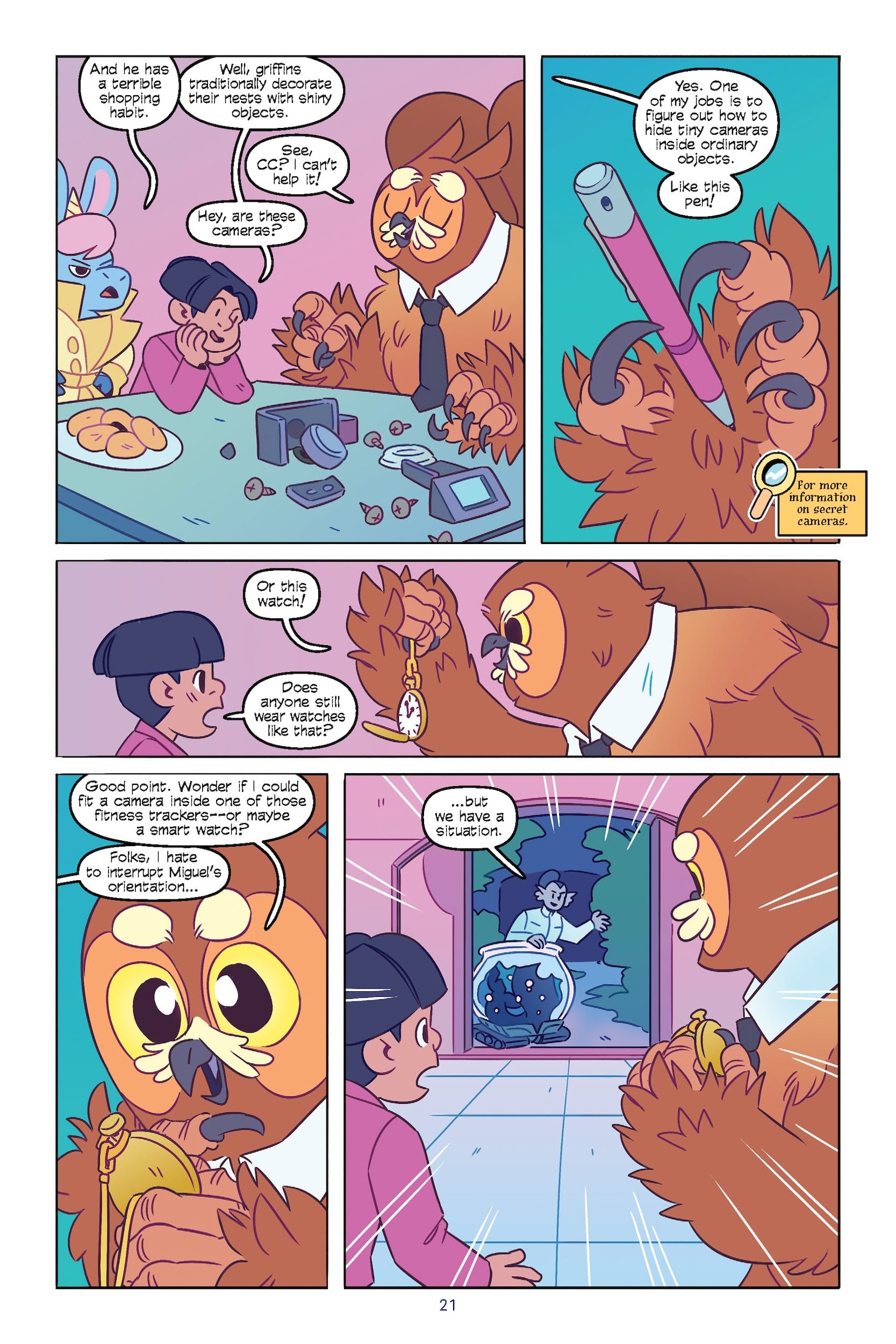 A cartoon owl and a child examine a camera and a watch, discussing their features, while a shark bursts through a glass window in the background.