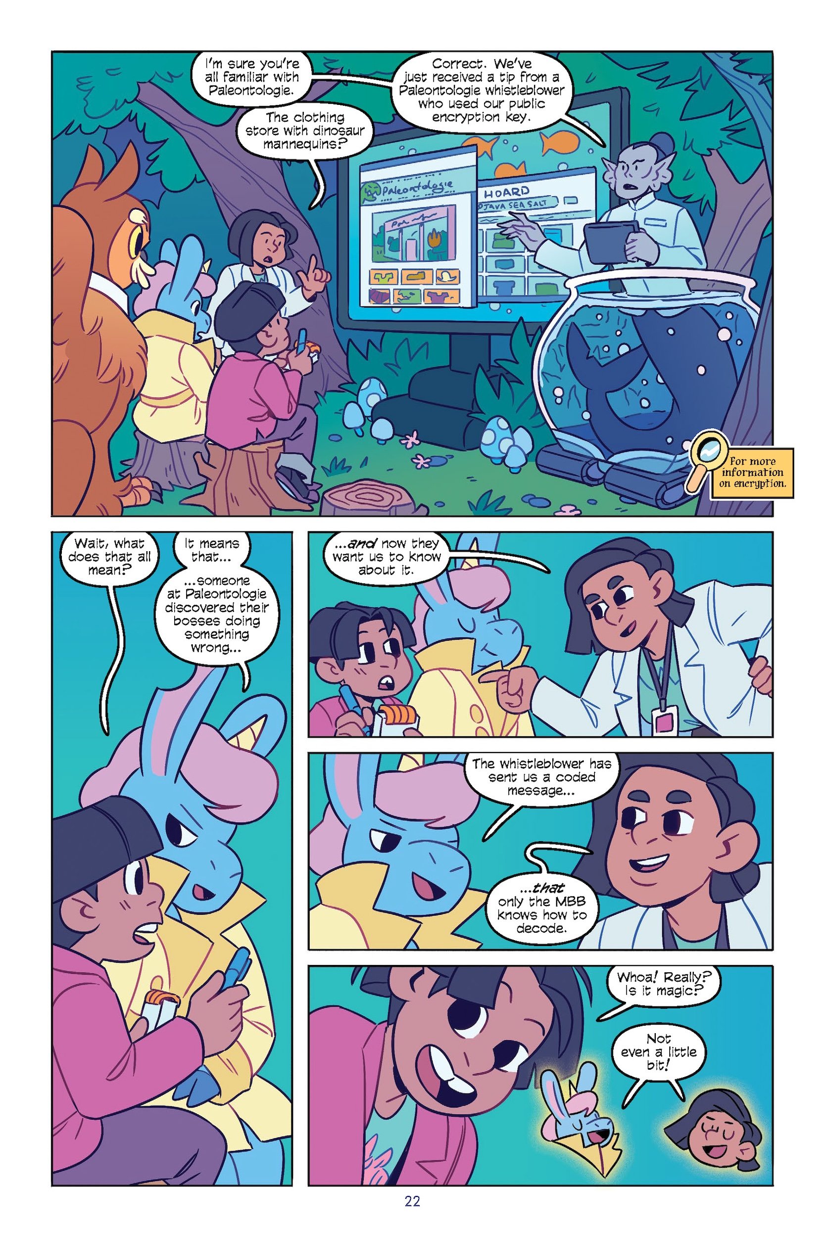 A group of children and animal characters sit outdoors, listening to an adult explain a computer screen showing charts and data about passwords and encryption.