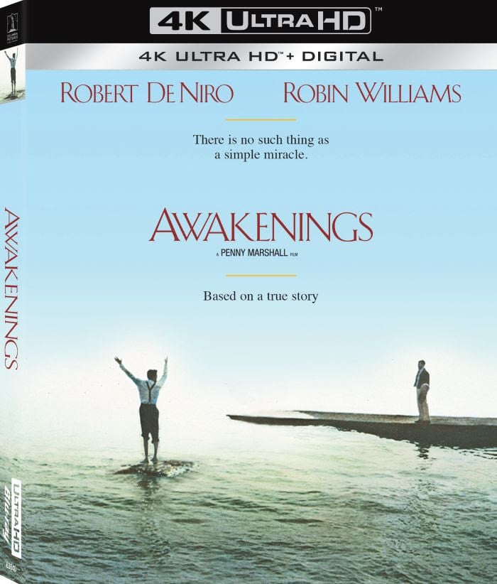 4K Ultra HD cover of the film "Awakenings" featuring two men, one with arms raised, standing on a pier; starring Robert De Niro and Robin Williams.