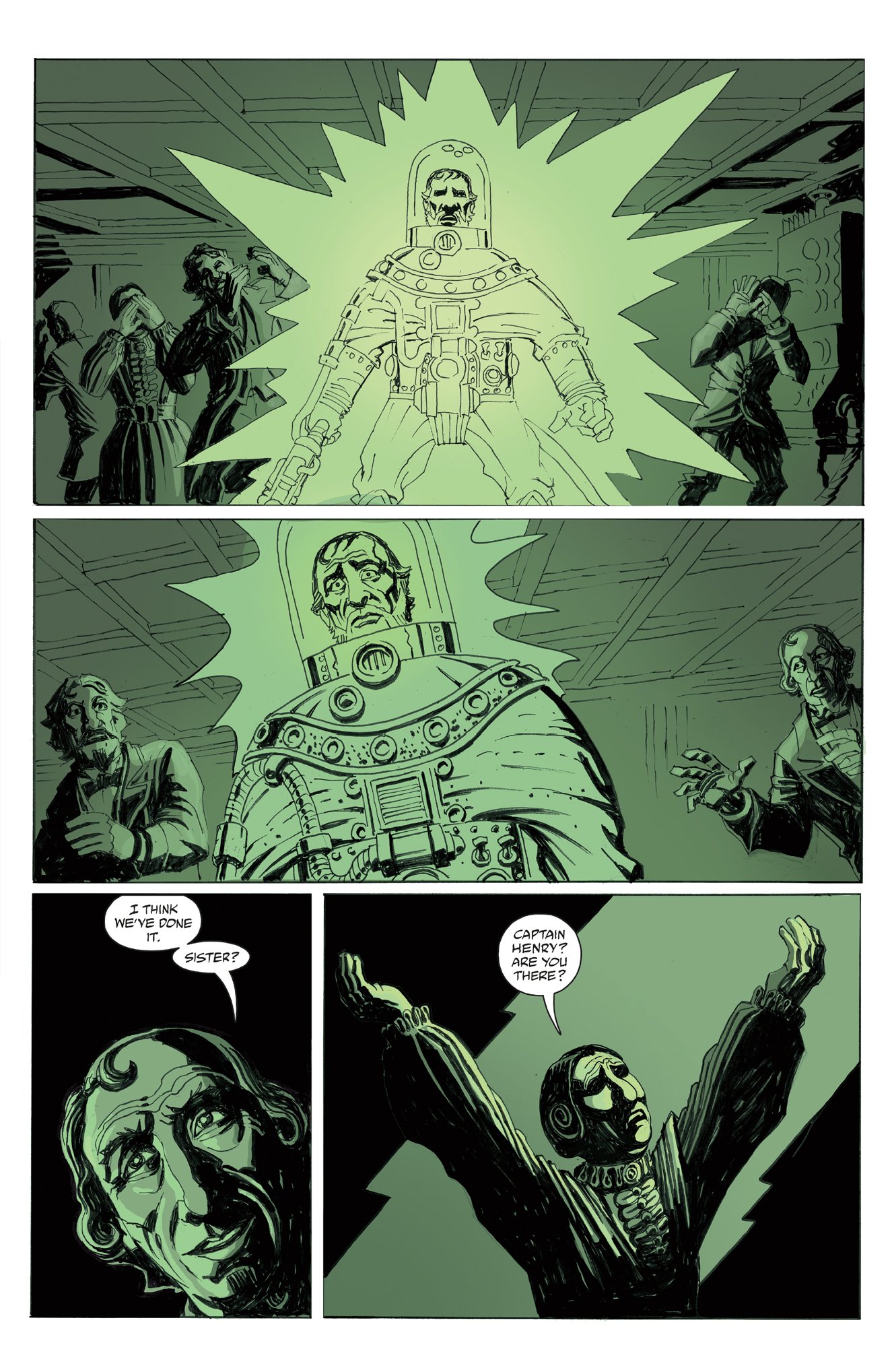 A figure in a glowing suit appears before startled onlookers; two people react with surprise, and another greets the figure as "Captain.