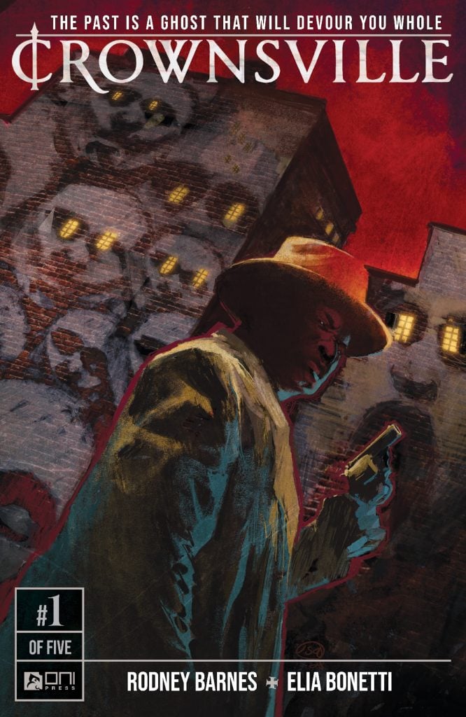 A man in a trench coat and hat holds a pistol in a dark, ominous setting; faded ghostly faces fill the red sky behind him. The text reads "Crownsville #1 of Five.