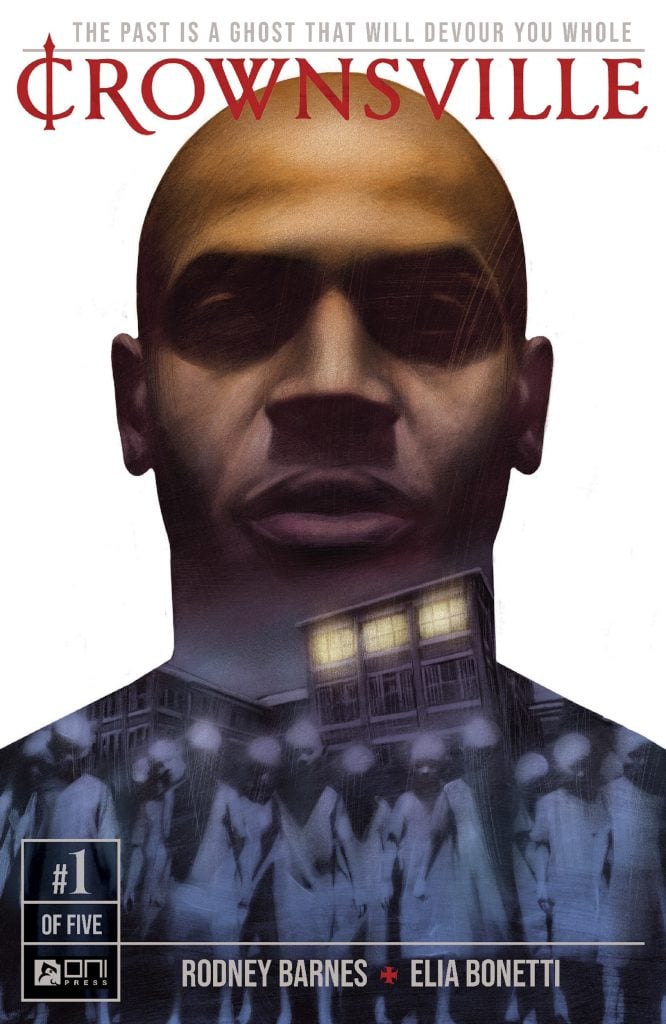 A serious man is shown in the foreground, with blurred figures and a large, ominous building in the background. The text reads "Crownsville" and “The past is a ghost that will devour you whole.”.