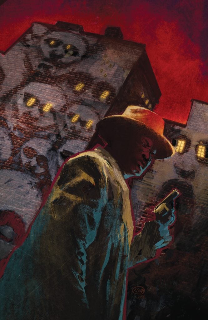A person in a trench coat and fedora holds a gun in front of dark buildings with glowing windows and ghostly faces on the walls, under a red sky.