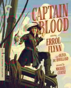 A man dressed as a pirate stands on a ship’s rigging, holding a sword. The text reads “Captain Blood,” starring Errol Flynn and Olivia de Havilland, directed by Michael Curtiz.