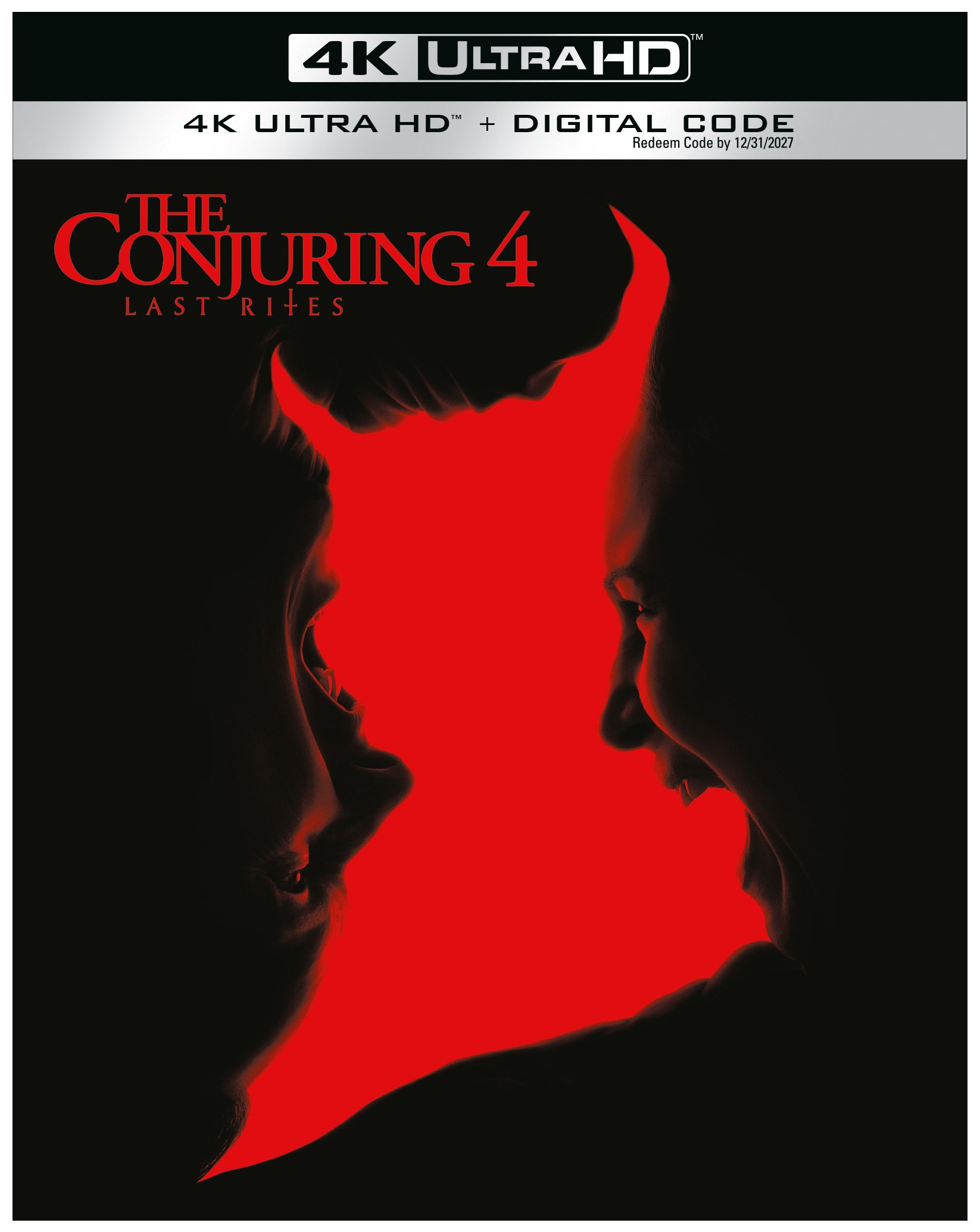 The cover of "The Conjuring 4: Last Rites" shows two faces in profile, one screaming and one calm, with red and black tonal contrast and 4K Ultra HD branding at the top.