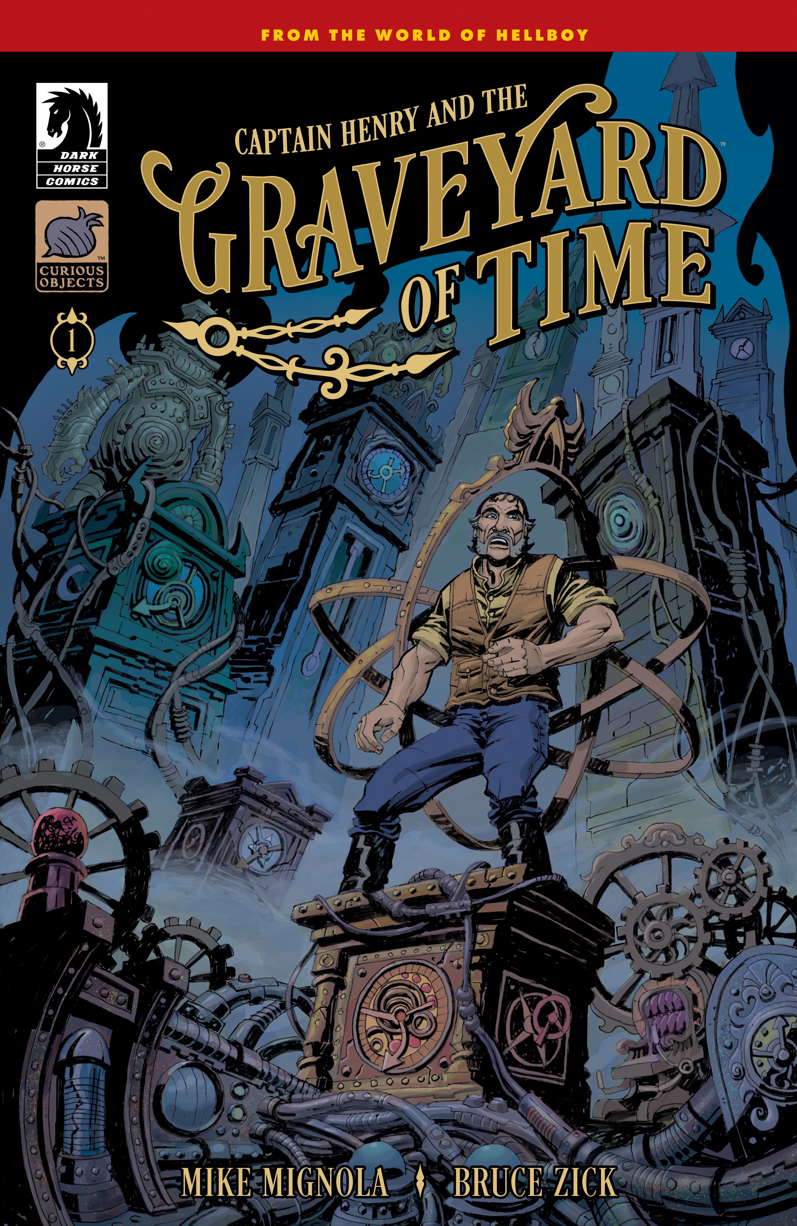 Comic book cover featuring a man with a sword standing among large, ornate clockwork machines with a stormy sky above. Title: "Captain Henry and the Graveyard of Time.