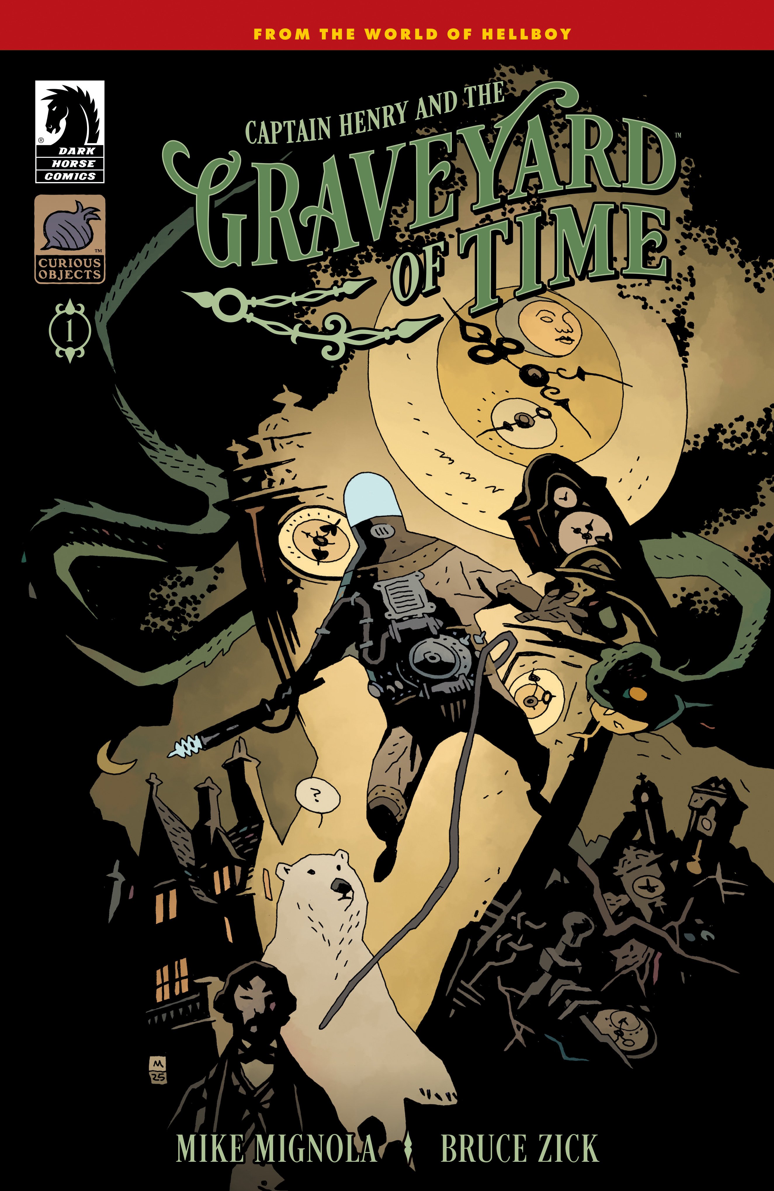 Comic book cover titled "Graveyard of Time" featuring a figure in a spacesuit, a large white animal, clocks, and a dark, surreal landscape; by Mike Mignola and Bruce Zick.
