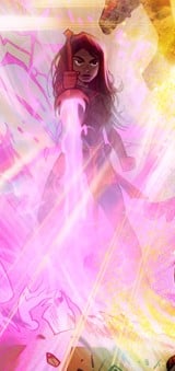 A female character in red armor stands confidently, surrounded by bright pink and yellow energy beams, with an intense expression on her face.