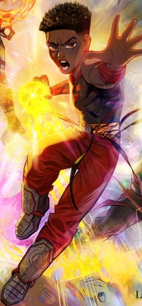 Animated character in red and black attire poses mid-air with a glowing yellow energy orb in one hand, surrounded by dynamic light effects and vibrant colors.