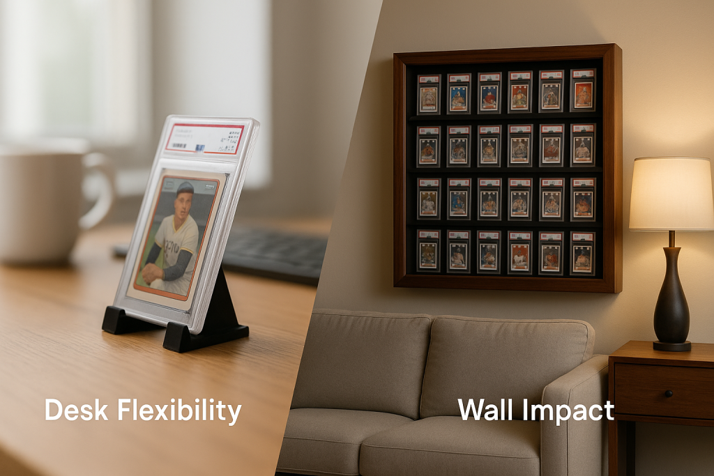 A sports trading card displayed on a desk stand is shown on the left; multiple cards are framed and hung on a wall above a sofa on the right.