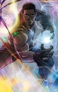 Illustration of a muscular man in a dynamic stance, holding a glowing orb with electricity and colorful light effects surrounding him.