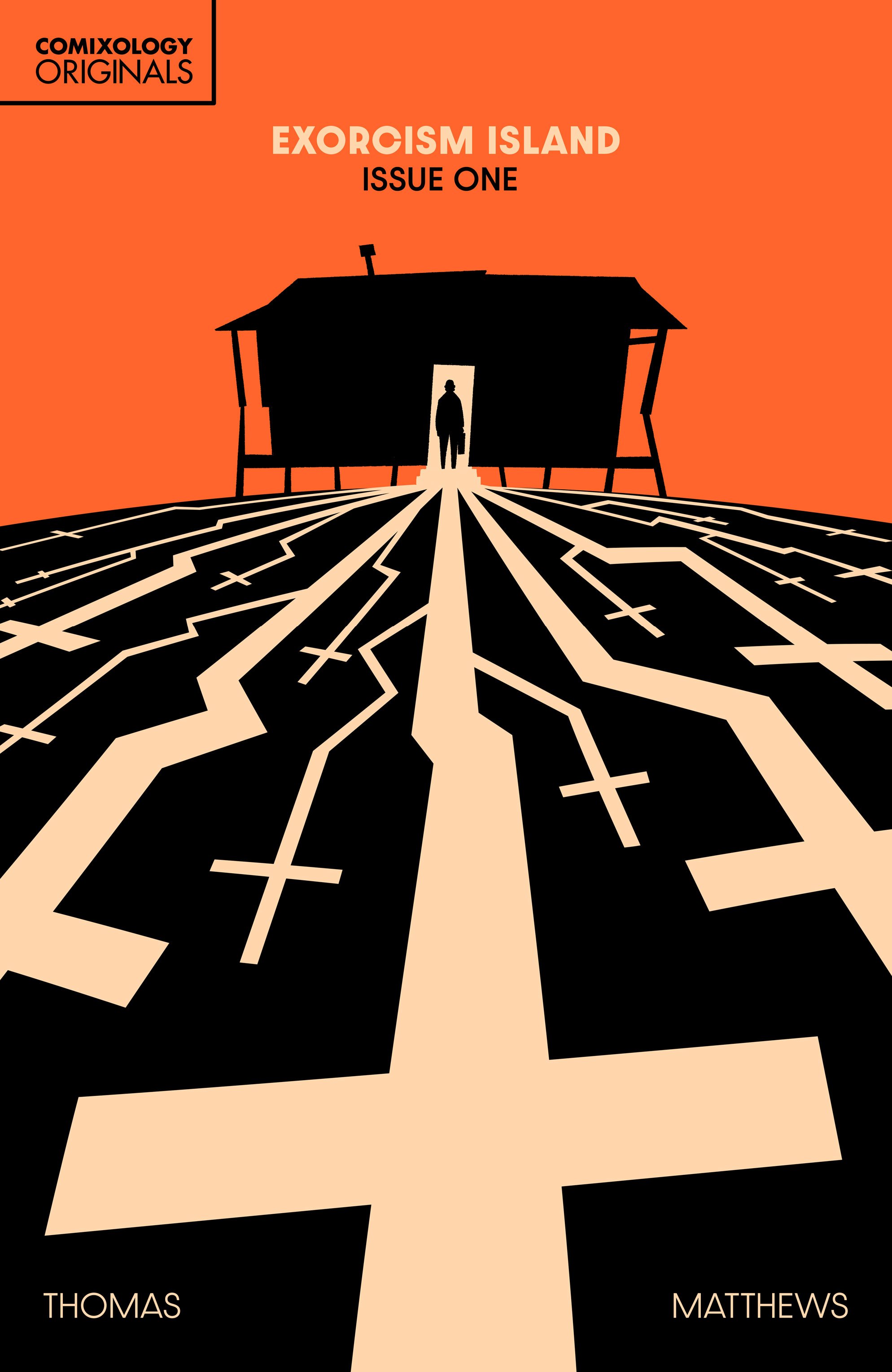 A silhouetted figure stands in the doorway of a house on a hill; the ground below features large, stylized crosses leading toward the house against an orange background.
