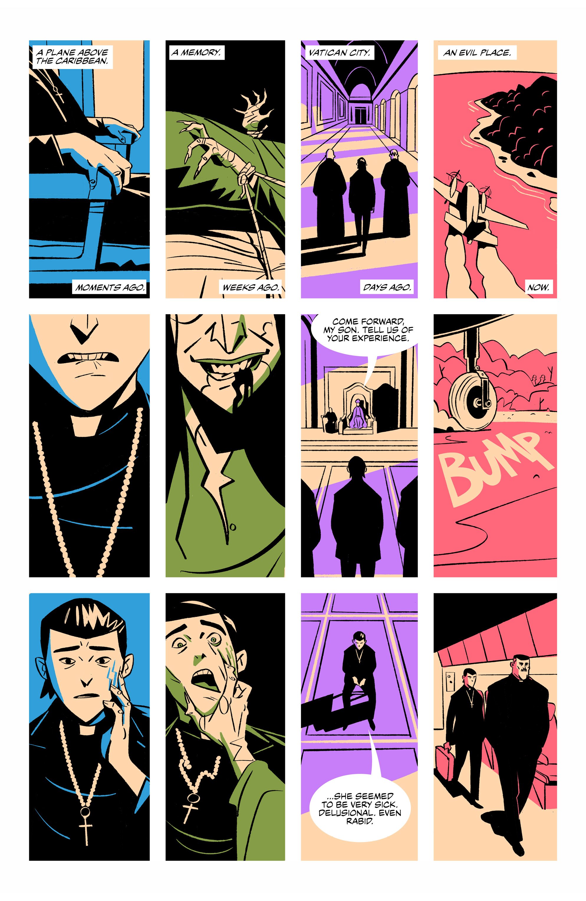 A comic page shows dramatic scenes: a hand holding a syringe, a sinister man grinning, clergy walking in Vatican City, and a prisoner meeting officials in a foreboding, colorful style.