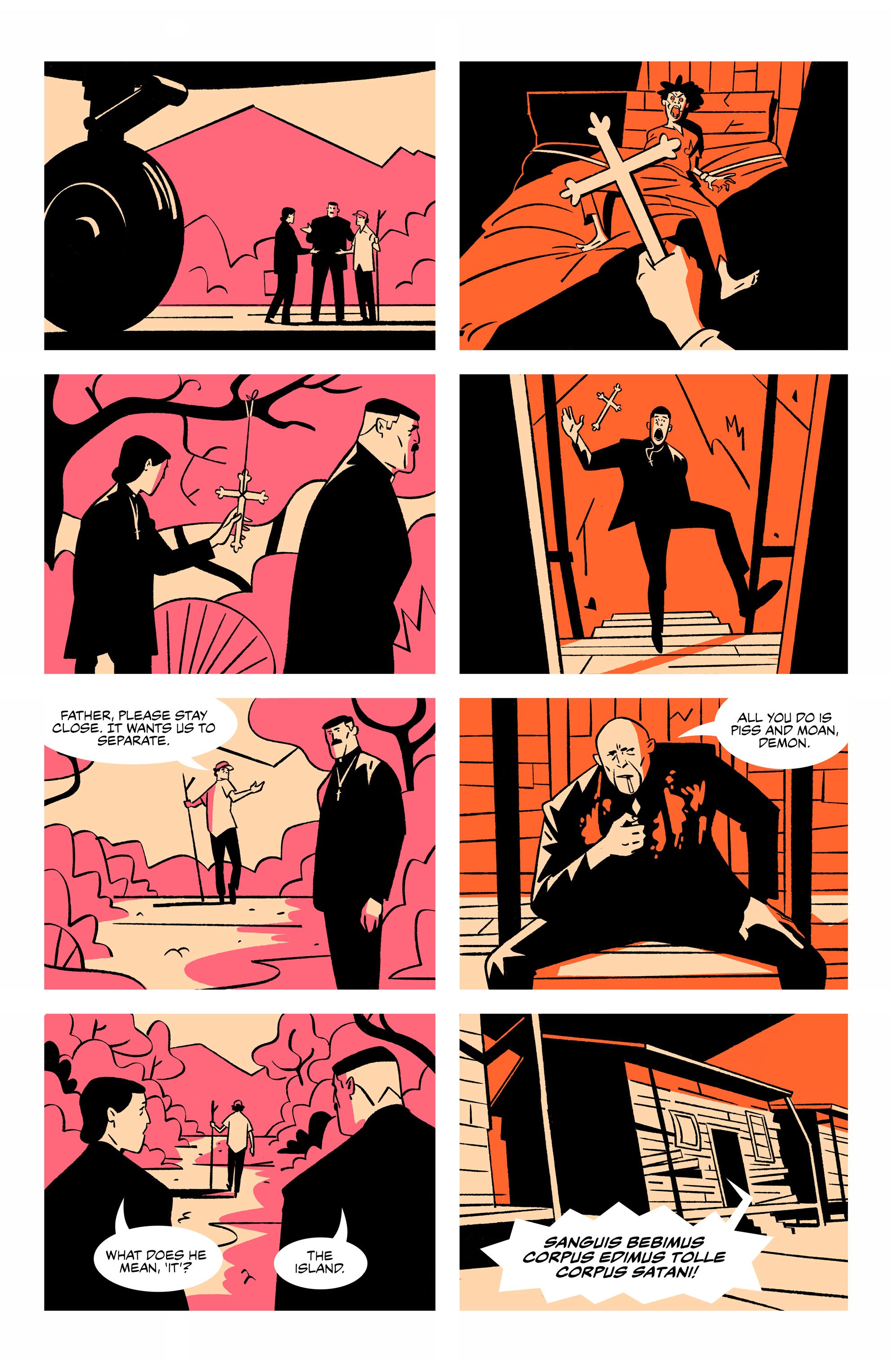 A comic strip shows two men in suits encountering a woman in distress, a priest with a cross, and a dramatic exorcism scene outside a wooden cabin, using bold red and black colors.
