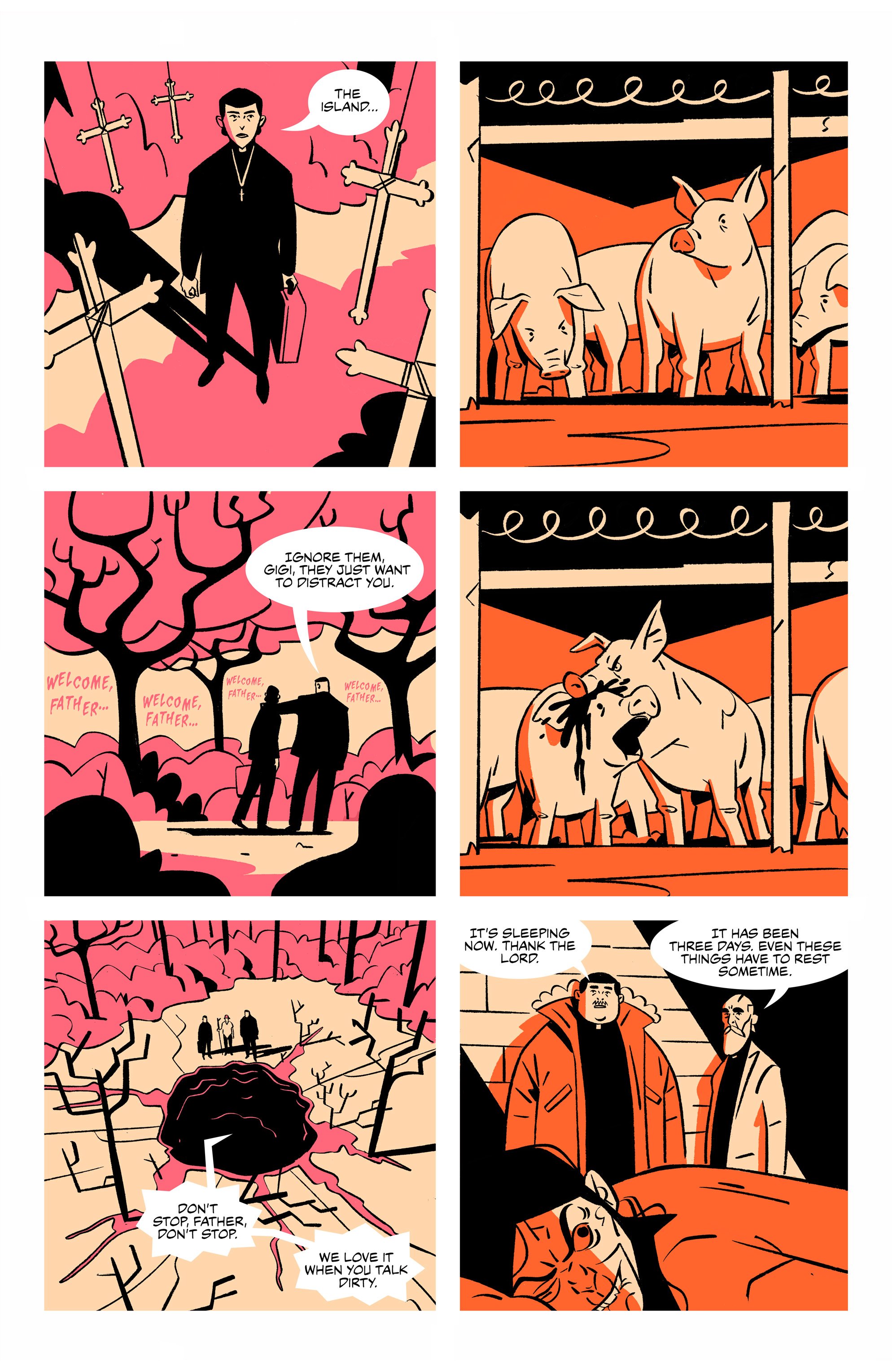 A comic page shows a man walking through a surreal landscape with swords, pigs on a conveyor, people talking, a pit, and a large pig eating another pig while two people observe.
