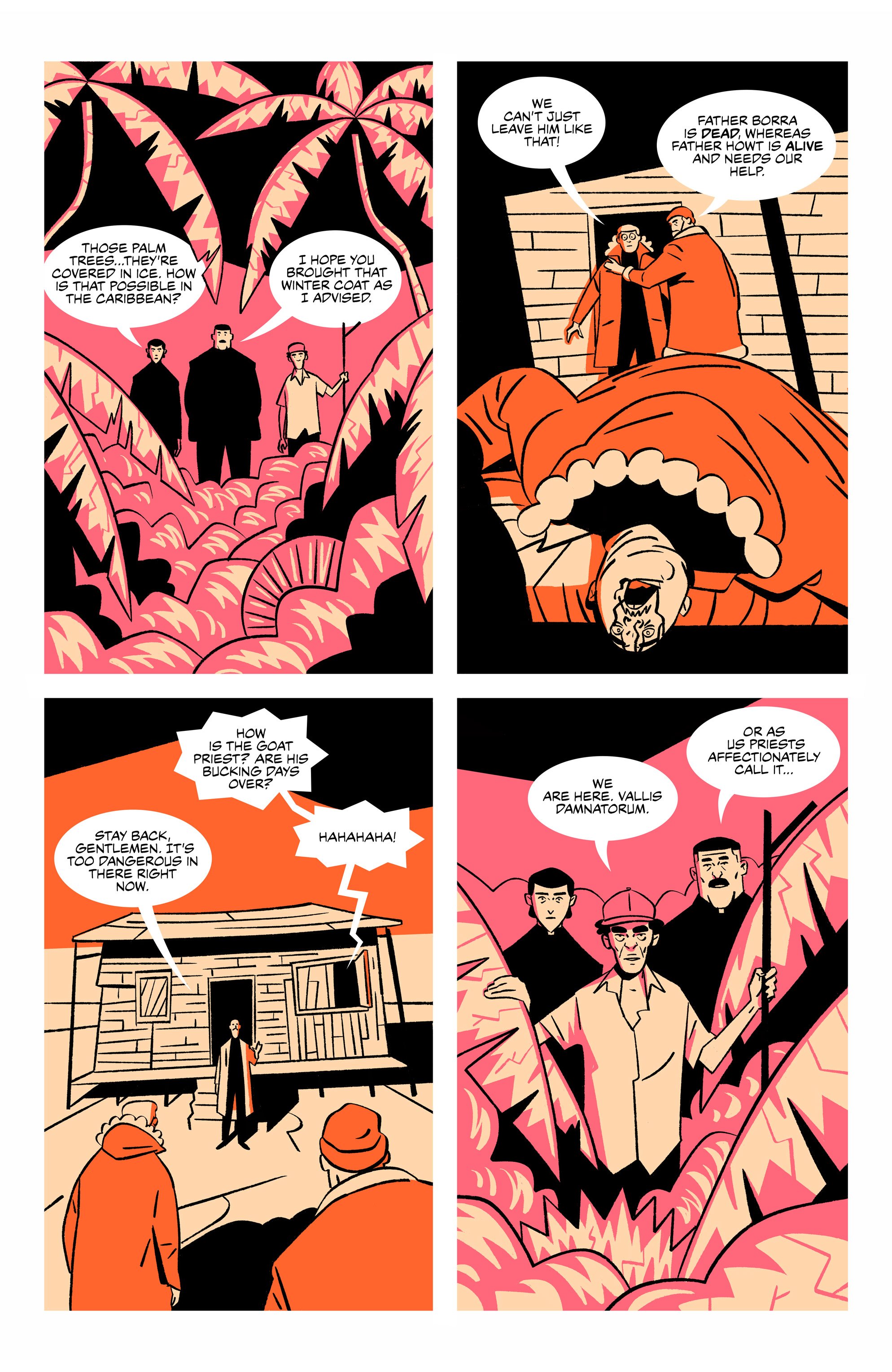 Four-panel comic showing people among large pink plants, a man wielding a sword, people in front of a shack, and a group standing together discussing hermaphroditic plants.