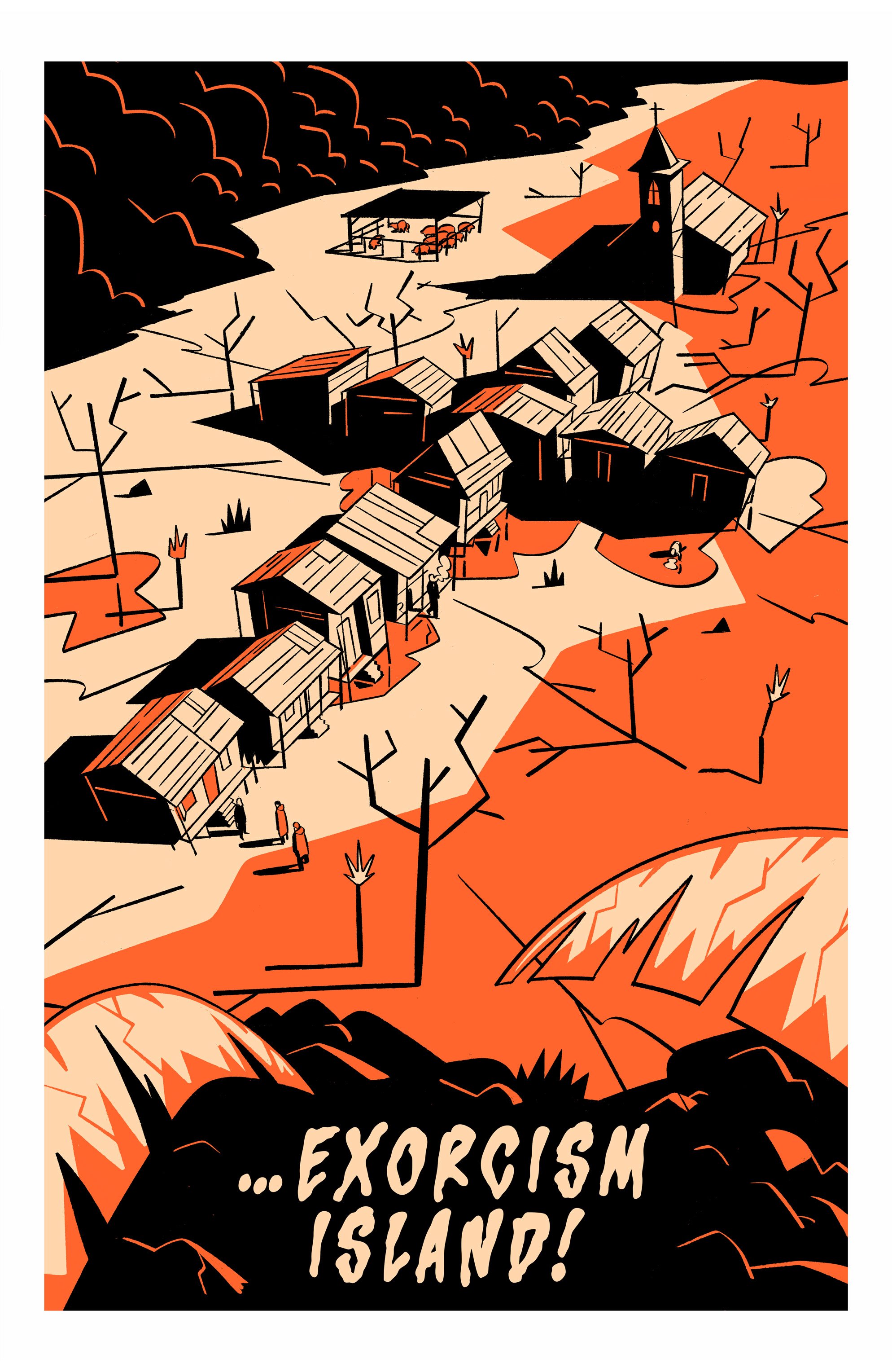 Stylized illustration of a small village on an island with a church, dry landscape, and the words "...EXORCISM ISLAND!" at the bottom.