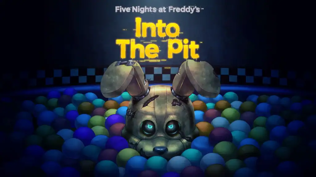 A decayed animatronic rabbit head emerges from colorful plastic balls under the title "Five Nights at Freddy's: Into The Pit.